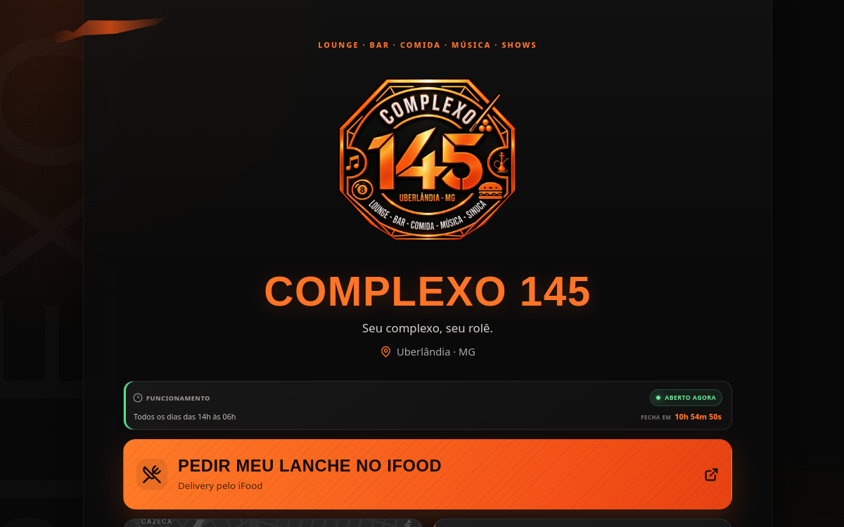 Captura real da página inicial do site Complexo 145
